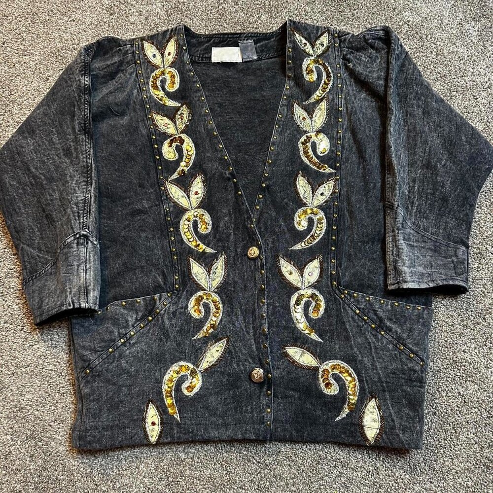 Vintage Black Acid Wash Denim‎ cardigan with bedazzled accents